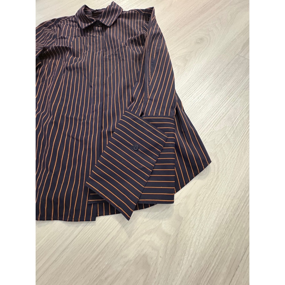 Lafayette 148 New York Women Shirt Navy Orange Striped Bell Cuff Button Down 4 - Picture 9 of 12